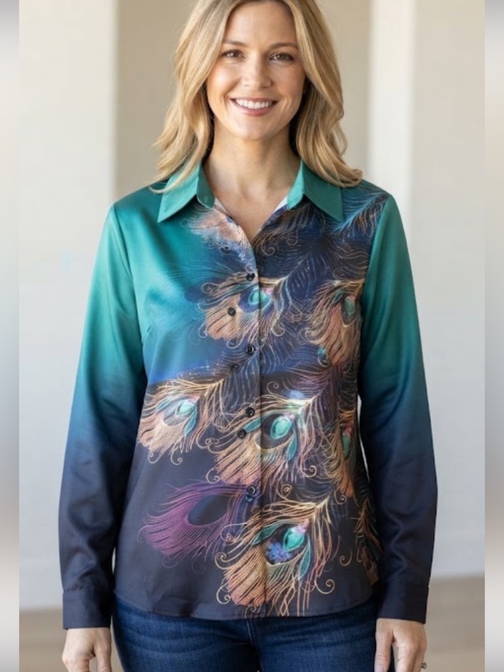 Ombre Feather Print Button Front Shirt size s new without tag